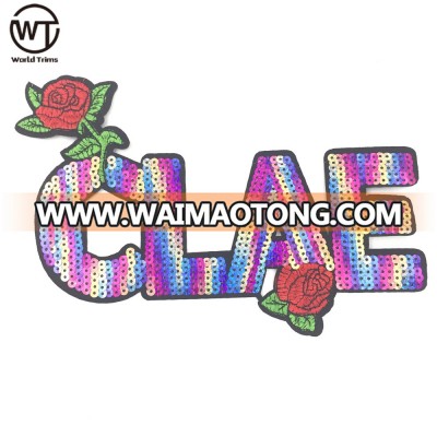 High quality machine made sequin design applique letter patch for dress