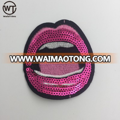 Mouth shape sequin patches custom embroidery for jeans