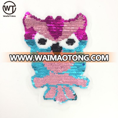 New arrival fancy embroidered applique cute owl sequin patches for t-shirts