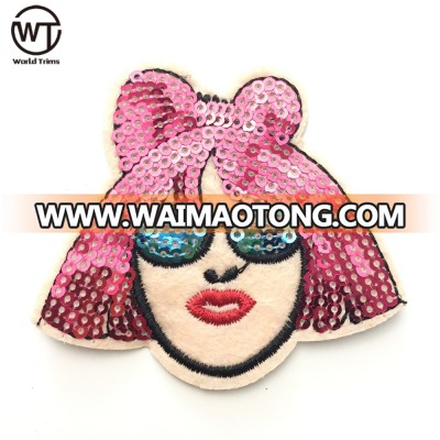 Good quality fashion embroidery lady face sequin applique patch for dress decoration