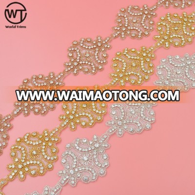 Hot selling iron on decorative crystal beads rhinestone trimming by the yard