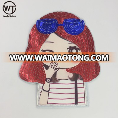 Cute girl design sequin sticky patches embroidery for kids garments