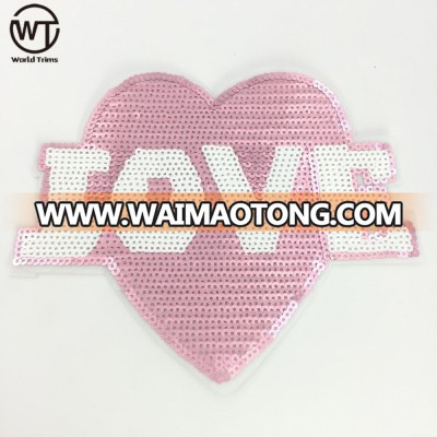 New arrival pink sequin embroidery mesh LOVE heart-shaped patch for clothing