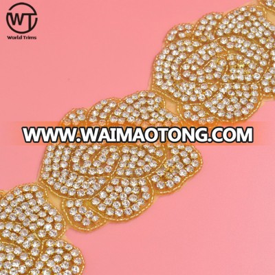 large rose flower beaded bridal rhinestone trimming for wholesale