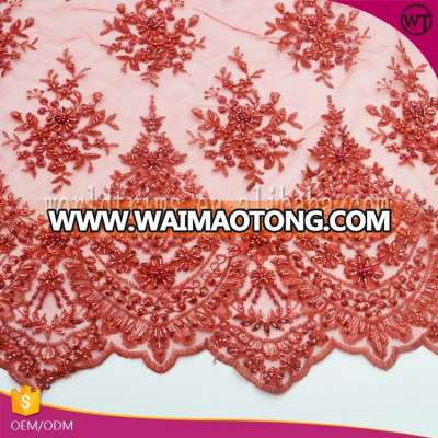 Wholesale red indian hand made heavy beaded tulle lace fabric for dress